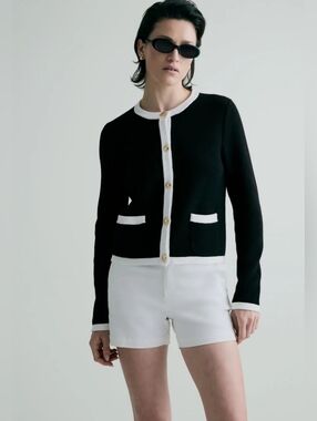 NWT French Connection Black Cardigan with White Trim and Gold Buttons-Size XL